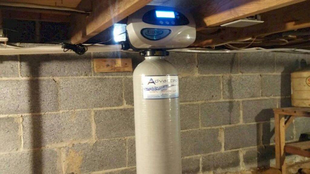 EVRS 1044 water softener installed in a crawl space in Whitmore Lake, MI.