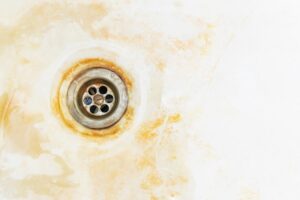 Reddish orange stains in the sink from high iron content in water.
